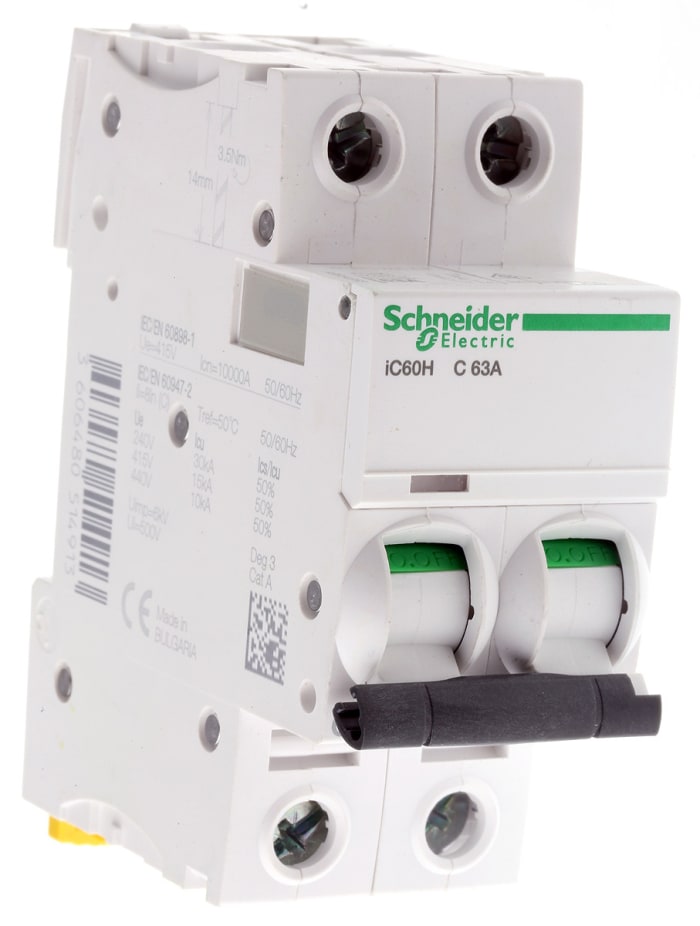 Schneider Electric Acti 9 iC60H MCB, 2P, 63A Curve C, 440V AC, 100 → 133V DC, 10 kA Breaking Capacity