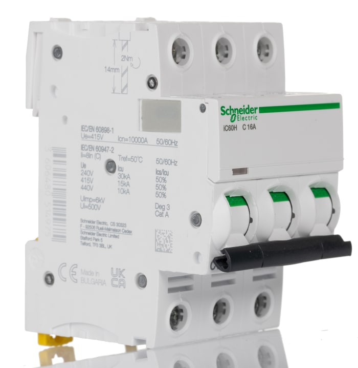 Schneider Electric Acti 9 iC60H MCB, 3P, 16A Curve C, 440V AC, 100 → 133V DC, 10 kA Breaking Capacity