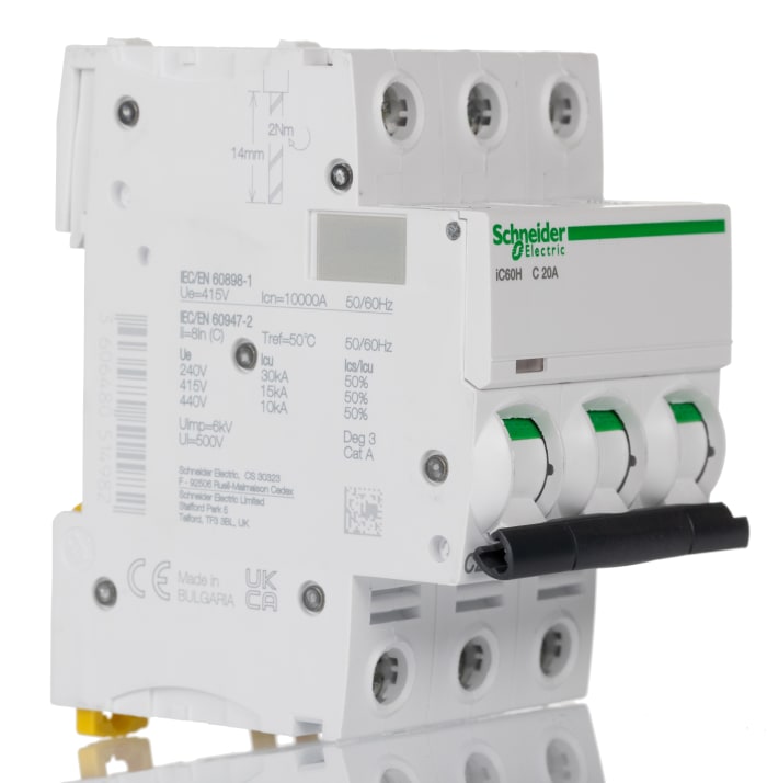 Schneider Electric Acti 9 iC60H MCB, 3P, 20A Curve C, 440V AC, 100 → 133V DC, 10 kA Breaking Capacity