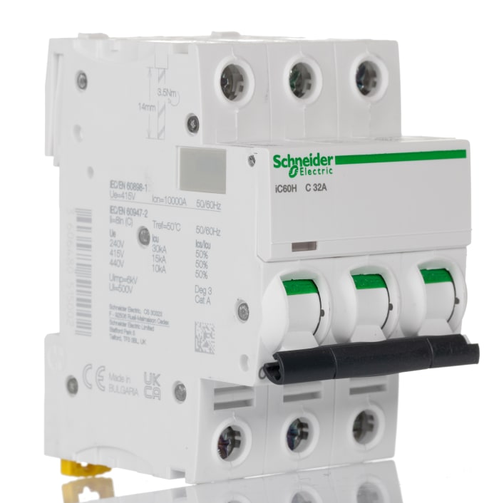 Schneider Electric Acti 9 iC60H MCB, 3P, 32A Curve C, 440V AC, 100 → 133V DC, 10 kA Breaking Capacity