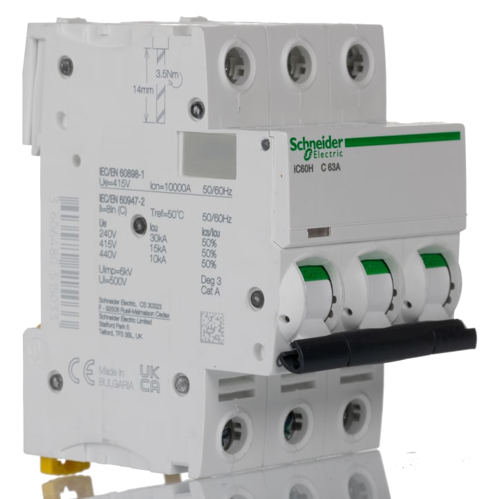 Schneider Electric Acti 9 iC60H MCB, 3P, 63A Curve C, 440V AC, 100 → 133V DC, 10 kA Breaking Capacity