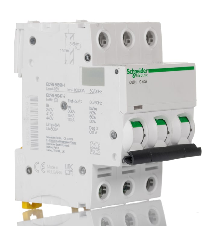 Schneider Electric Acti 9 iC60H MCB, 3P, 40A Curve C, 440V AC, 100 → 133V DC, 10 kA Breaking Capacity