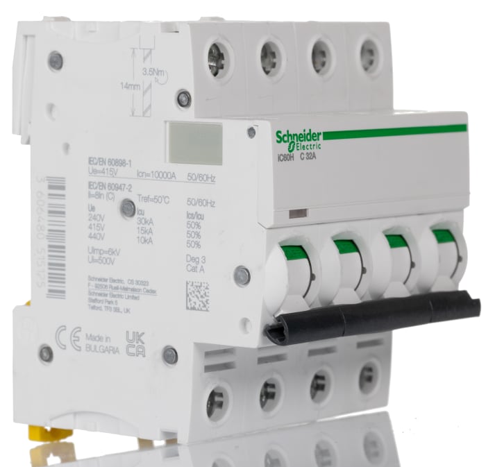 Schneider Electric Acti 9 iC60H MCB, 4P, 32A Curve C, 440V AC, 220 → 250V DC, 10 kA Breaking Capacity