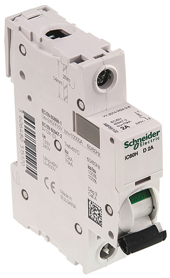 Schneider Electric Acti 9 iC60H MCB, 1P, 2A Curve D, 100 → 133V AC, 72V DC, 10 kA Breaking Capacity