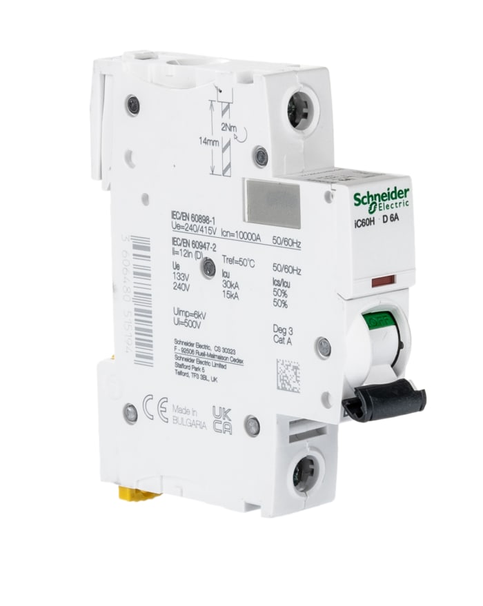 Schneider Electric Acti 9 iC60H MCB, 1P, 6A Curve D, 100 → 133V AC, 72V DC, 10 kA Breaking Capacity