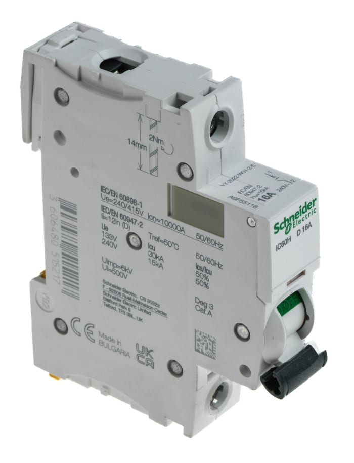 Schneider Electric Acti 9 iC60H MCB, 1P, 16A Curve D, 100 → 133V AC, 72V DC, 10 kA Breaking Capacity