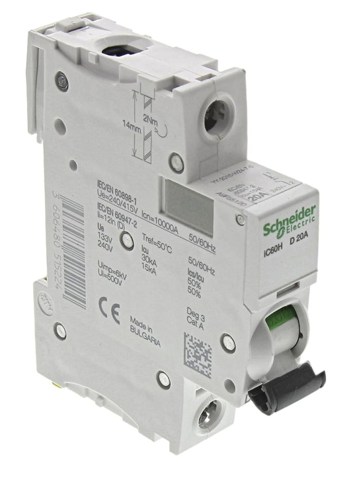 Schneider Electric Acti 9 iC60H MCB, 1P, 20A Curve D, 100 → 133V AC, 72V DC, 10 kA Breaking Capacity
