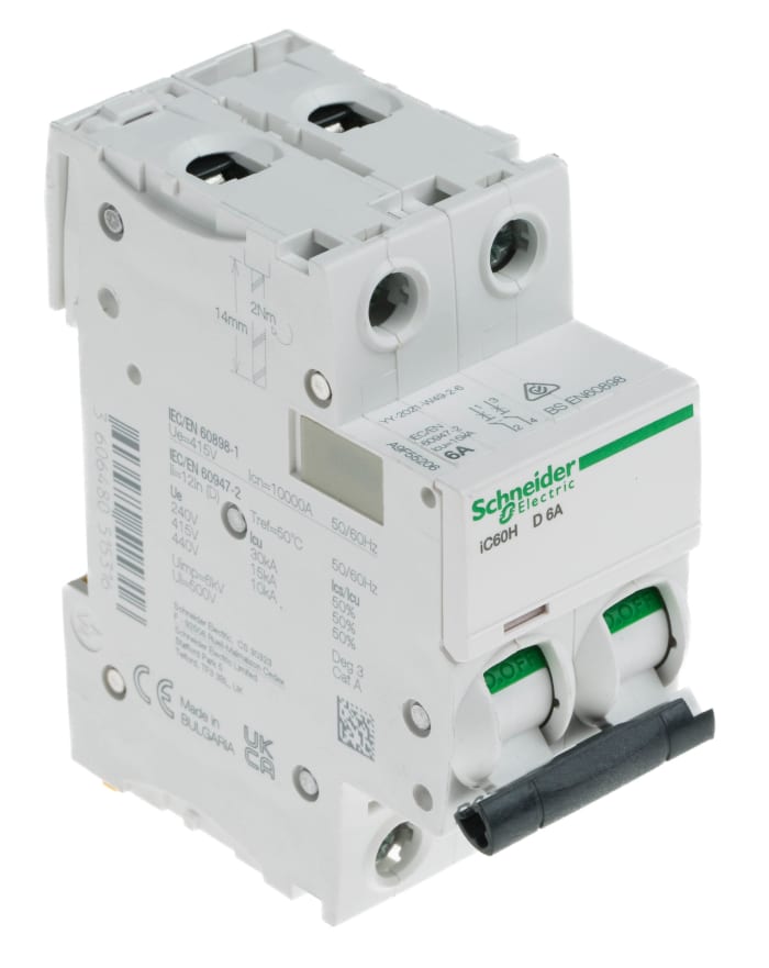 Schneider Electric Acti 9 iC60H MCB, 2P, 6A Curve D, 440V AC, 100 → 133V DC, 10 kA Breaking Capacity