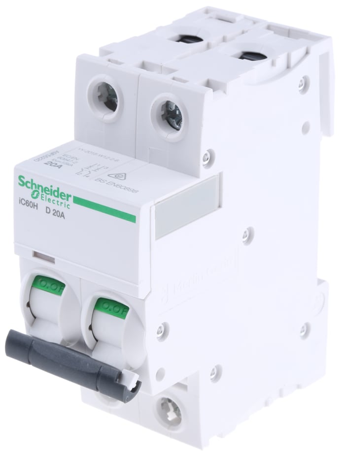 Schneider Electric Acti9 iC60H Miniature Circuit Breaker, 2-Pole, 20A, Type D, 12V, 133 V, 220 V, 240 V, 380 V, 415 V,