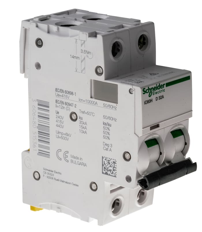 Schneider Electric Acti 9 iC60H MCB, 2P, 32A Curve D, 440V AC, 100 → 133V DC, 10 kA Breaking Capacity