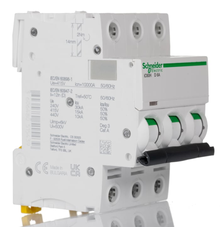 Schneider Electric Acti 9 iC60H MCB, 3P, 6A Curve D, 440V AC, 100 → 133V DC, 10 kA Breaking Capacity