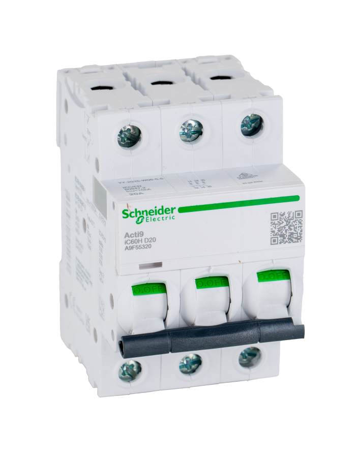 Schneider Electric Acti 9 iC60H MCB, 3P, 20A Curve D, 440V AC, 100 → 133V DC, 10 kA Breaking Capacity
