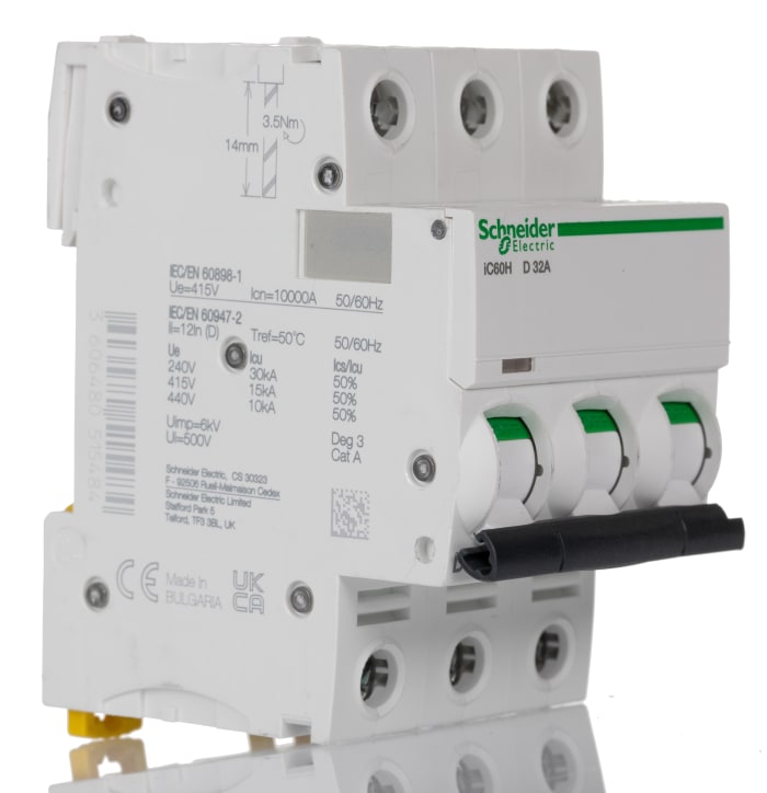 Schneider Electric Acti 9 iC60H MCB, 3P, 32A Curve D, 440V AC, 100 → 133V DC, 10 kA Breaking Capacity
