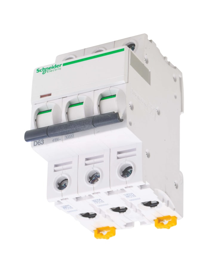 Schneider Electric Acti 9 iC60H MCB, 3P, 63A Curve D, 440V AC, 100 → 133V DC, 10 kA Breaking Capacity