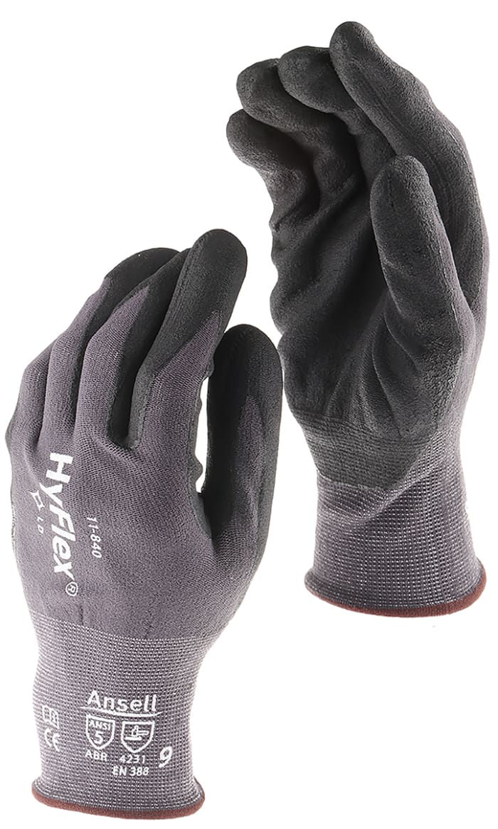 Ansell HyFlex 11-840 Grey Nylon, Spandex General Purpose Work Gloves, Size 8, Nitrile Coating