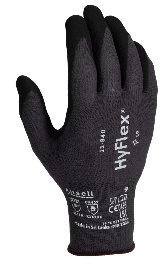 Ansell HyFlex 11-840 Grey Nylon, Spandex General Purpose Work Gloves, Size 9, Nitrile Coating