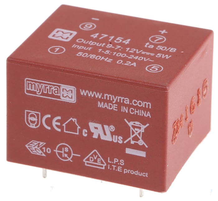 1 Output 5W SMPS Transformer, 85 → 265 V ac, 85 → 370 V dc, 12V dc