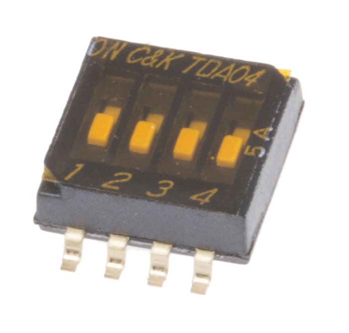 Interruptor DIP, SPST, Montaje superficial, Actuador Enrasado, 25 mA a 24 V dc, 4 vías, -40 → +85°C