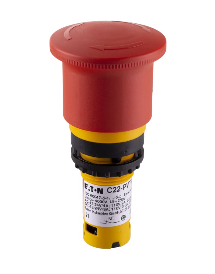 Eaton C22-PVT Series Twist Release Emergency Stop Push Button, Panel Mount, 22mm Cutout, 2NC