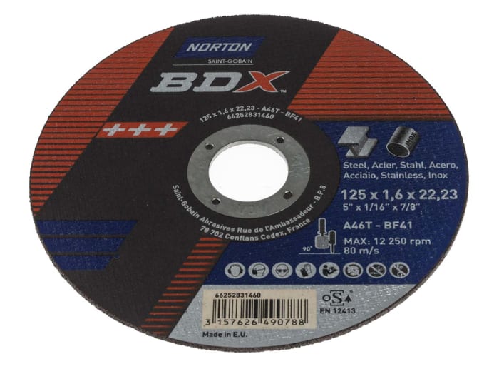 Norton Cutting Disc Aluminium Oxide Cutting Disc, 125mm x 1.6mm Thick, P46 Grit, 5 in pack