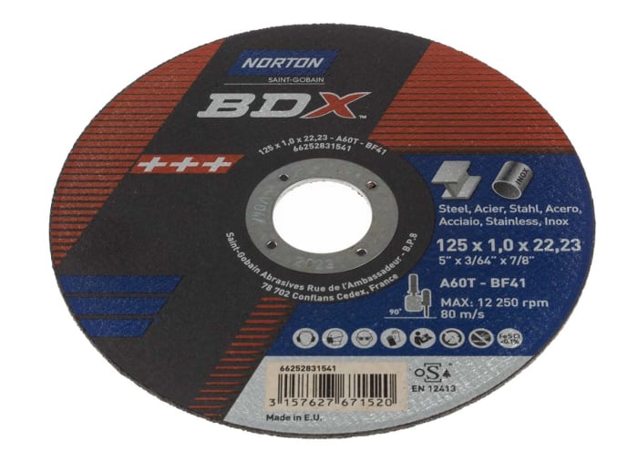 Norton Cutting Disc Aluminium Oxide Cutting Disc, 125mm x 1mm Thick, Medium Grade, P60 Grit, 5 in pack