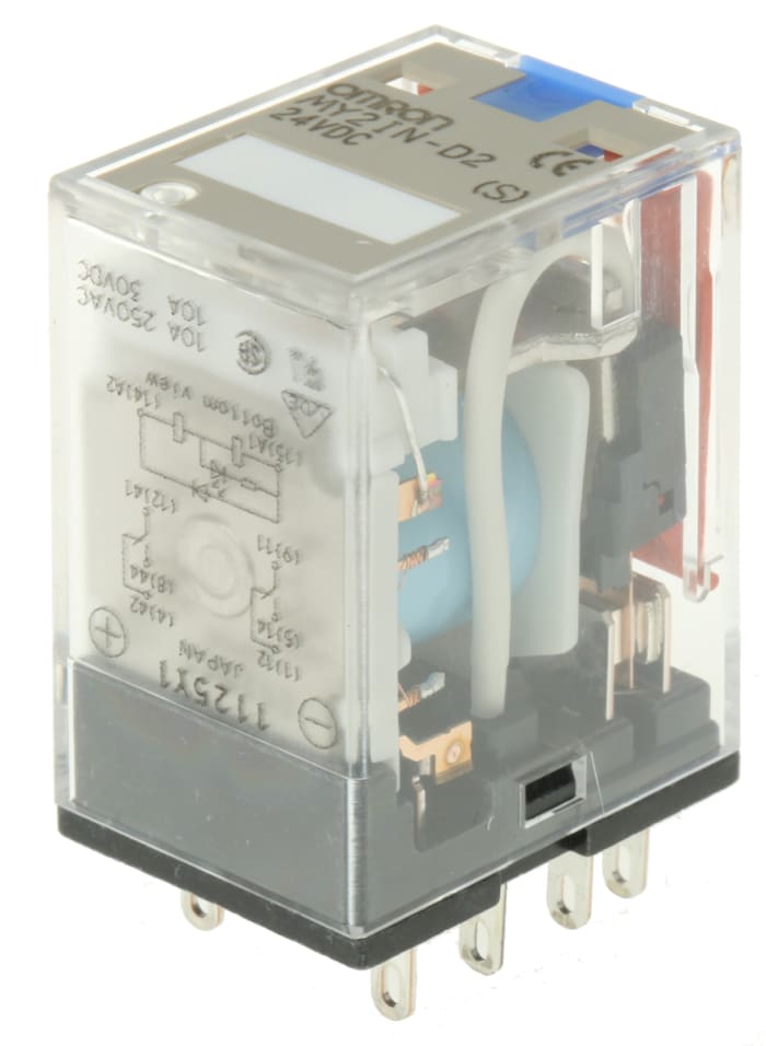 Relé de potencia sin enclavamiento Omron MY de 2 polos, DPDT, bobina 24V dc, 10A, enchufable