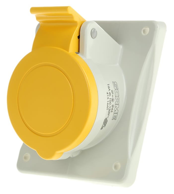 Scame IP44 Yellow Panel Mount 2P + E Heavy Duty Power Connector Socket, Rated At 16A, 110 V