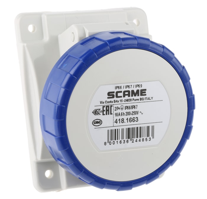 Scame IP66, IP67 Blue Panel Mount 2P + E Heavy Duty Power Connector Socket, Rated At 16A, 230 V