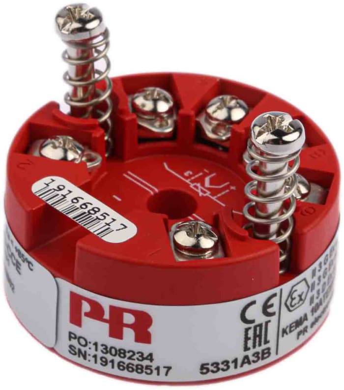 Transmisor de temperatura PR Electronics serie 5300, rango temp: -200°C → 850°C, entrada universal, 7,2 → 35 V dc