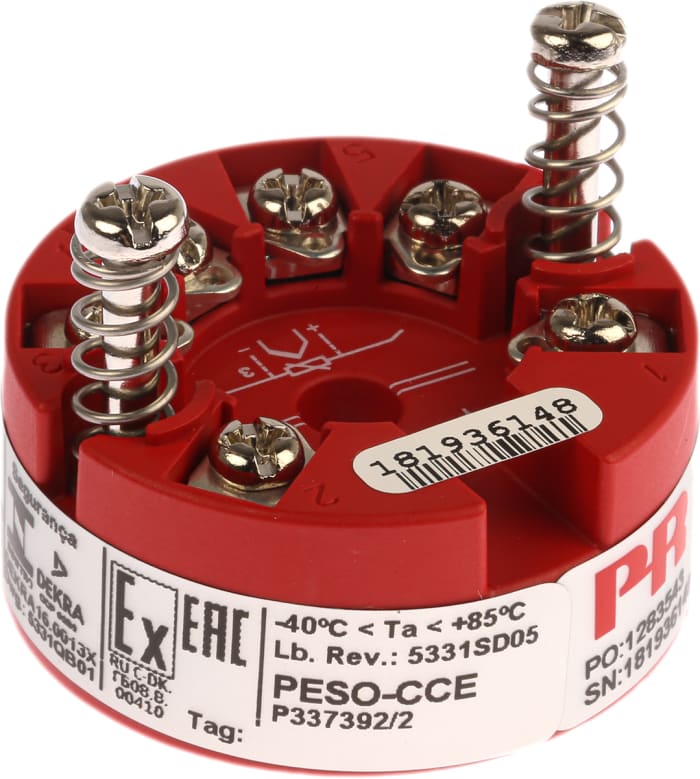 Transmisor de temperatura PR Electronics serie 5300, rango temp: -200°C → 850°C, entrada universal, 7,2 → 30 V dc