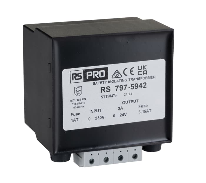 RS PRO 72VA DIN Rail Transformer, IEC 61558-2-6, 230V ac Primary, 24V ac Secondary