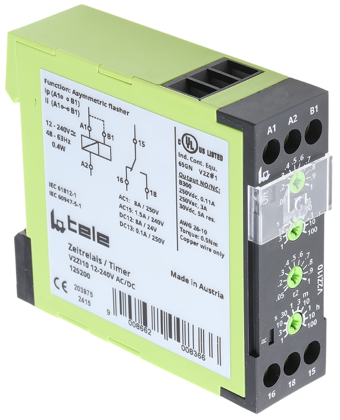 Tele V2ZI10 Series DIN Rail Mount Timer Relay, 12 → 240V ac/dc, 1-Contact, 0.05 → 1s, SPDT