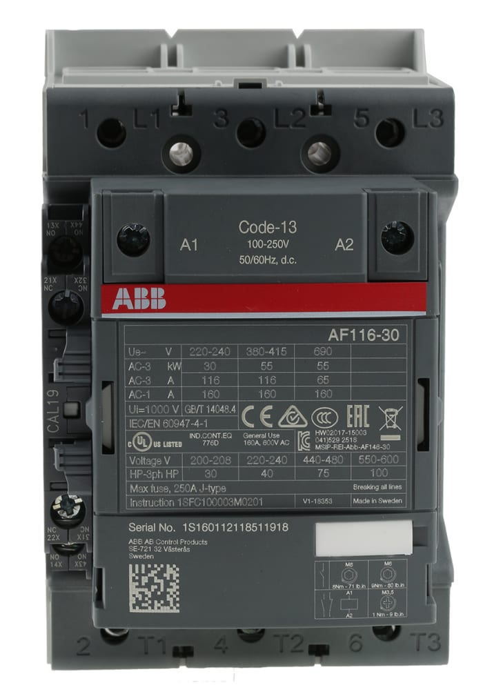 ABB AF116-30-11-13 AF Contactor, 230 V ac Coil, 3-Pole, 160 A, 55 kW, 3NO, 690 V ac