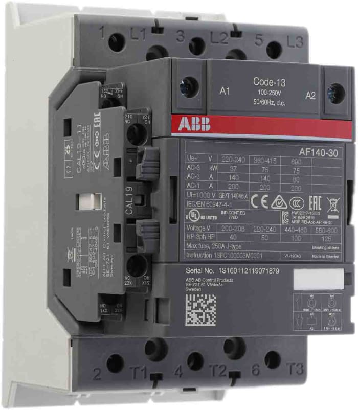 ABB AF140 AF Contactor, 230 V ac Coil, 3-Pole, 200 A, 75 kW, 3NO, 690 V ac