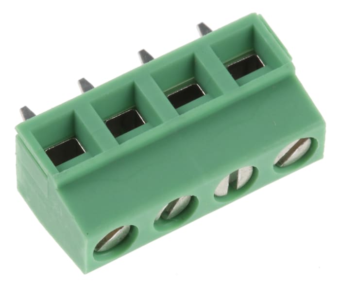 Regletas de terminales PCB Macho Ángulo recto Phoenix Contact de 4 vías, paso 5mm, 13.5A, de color Verde, montaje