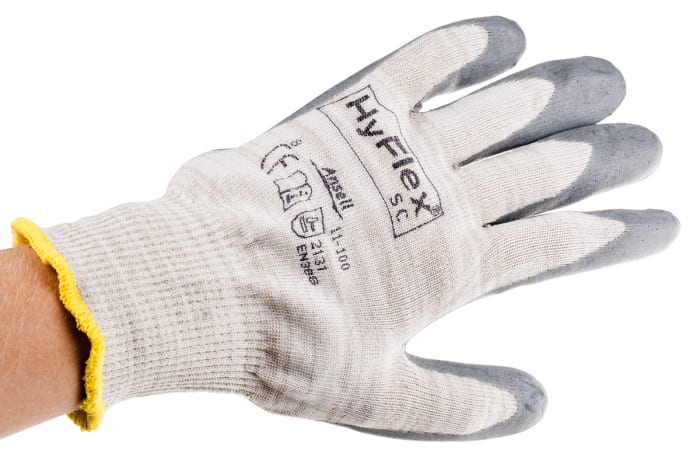 Ansell 11-100 Grey Nylon ESD Safety Anti-Static Gloves, Size 8, Nitrile Foam Coating