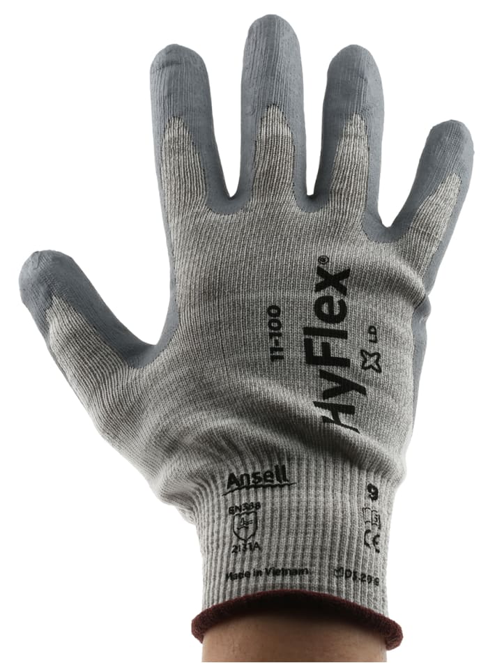 Ansell 11-100 Grey Nylon ESD Safety Anti-Static Gloves, Size 9, Nitrile Foam Coating