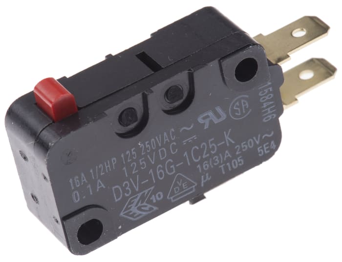 Omron Pin Plunger Micro Switch, Quick Connect Terminal, 16 A @ 250 V ac, SP-CO, IP40