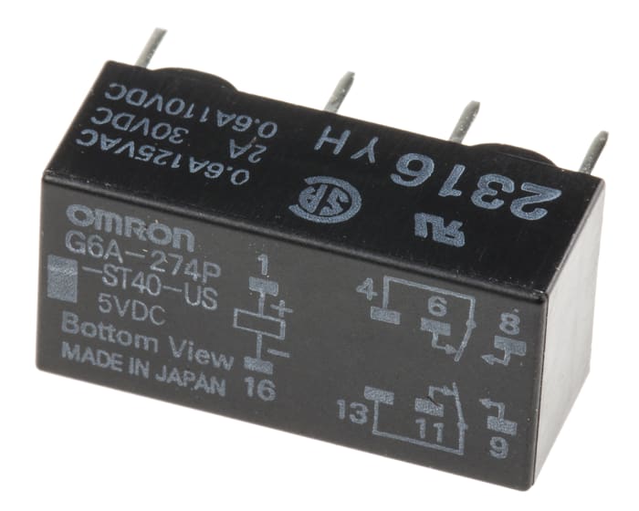 Omron PCB Mount Signal Relay, 5V dc Coil, 2A Switching Current, DPDT