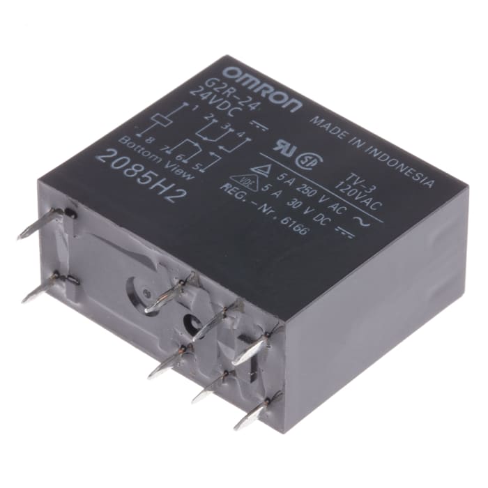 Relé de potencia sin enclavamiento Omron G2R de 2 polos, DPDT, bobina 24V dc, 5A, Montaje en PCB
