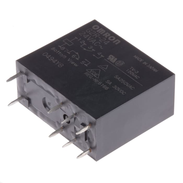 Omron PCB Mount Power Relay, 24V ac Coil, 5A Switching Current, DPDT
