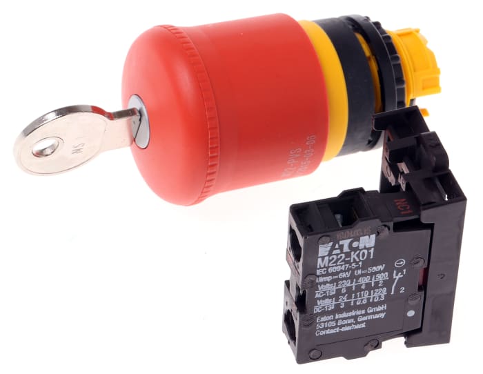 Eaton RMQ Titan M22 Series Key Release Emergency Stop Push Button, Panel Mount, 22.5mm Cutout, 1NC, IP66, IP67, IP69K