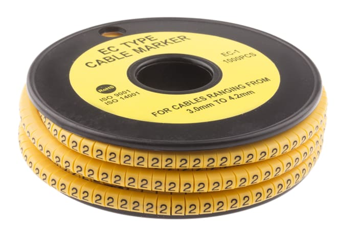 RS PRO Slide On Cable Markers, Black on Yellow, Pre-printed ""2"", 3 → 4.2mm Cable