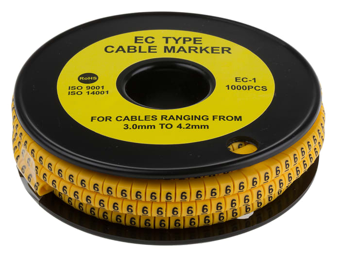 RS PRO Slide On Cable Markers, Black on Yellow, Pre-printed "6", 3 → 4.2mm Cable