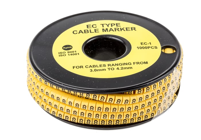 RS PRO Slide On Cable Markers, Black on Yellow, Pre-printed "8", 3 → 4.2mm Cable
