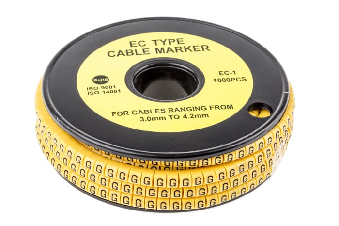 RS PRO Slide On Cable Markers, Black on Yellow, Pre-printed "G", 3 → 4.2mm Cable