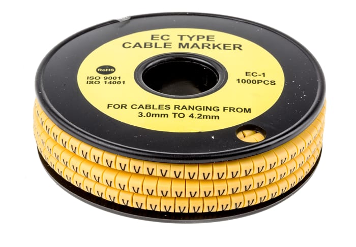 Marqueur de câbles EC, Noir Coulissant RS PRO 4 mm Jaune, Texte : V, Ø câble 4.2 mm
