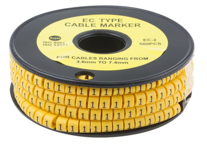 RS PRO EC Slide-On Cable Marker, Black, Pre-printed "1", 7.4 mm Cable Yellow, 3.6 mm Cable