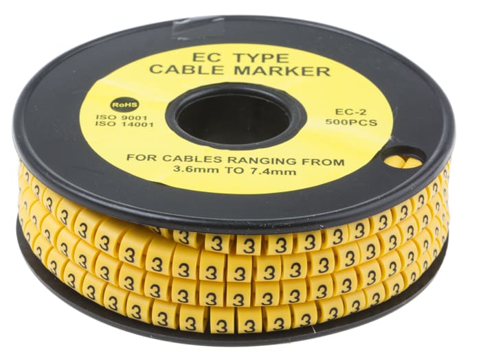 RS PRO EC Slide-On Cable Marker, Black, Pre-printed "3", 7.4 mm Cable Yellow, 3.6 mm Cable