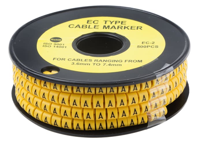 RS PRO EC Slide-On Cable Marker, Black, Pre-printed "A", 7.4 mm Cable Yellow, 3.6 mm Cable